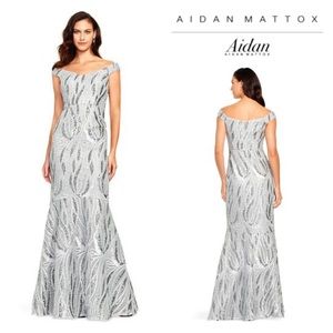 AIDAN MATTOX Beaded Off-the-Shoulder Gown